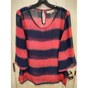 Umgee USA Womens L Top Chiffon Sheer Blouse Blue Pink 3/4 Sleeves Striped